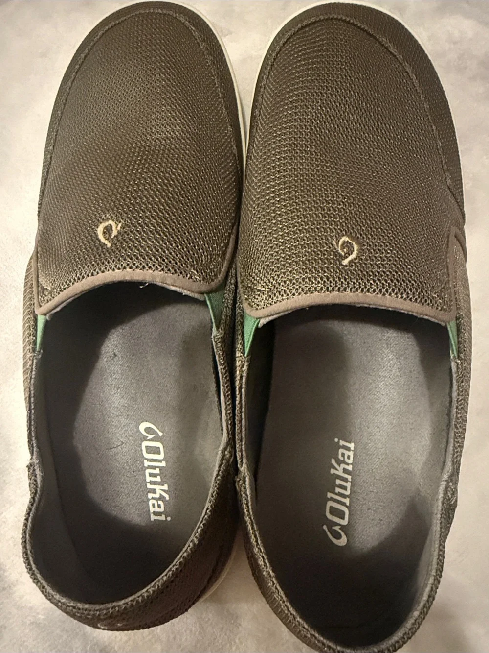 OluKai Men's Slip-On Loafers in Dark Brown/Olive with Cream Sole